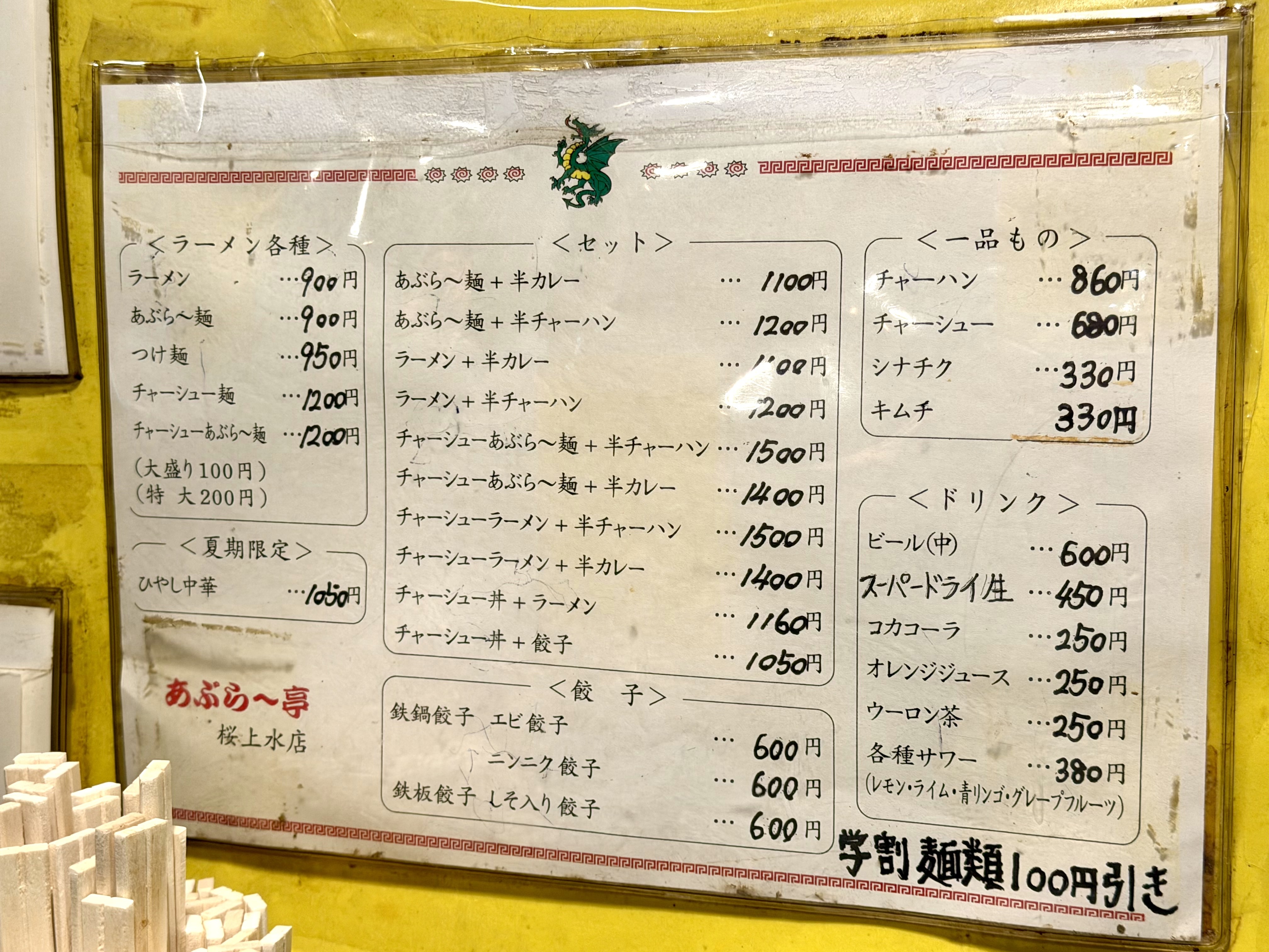 基本的なメニュー表