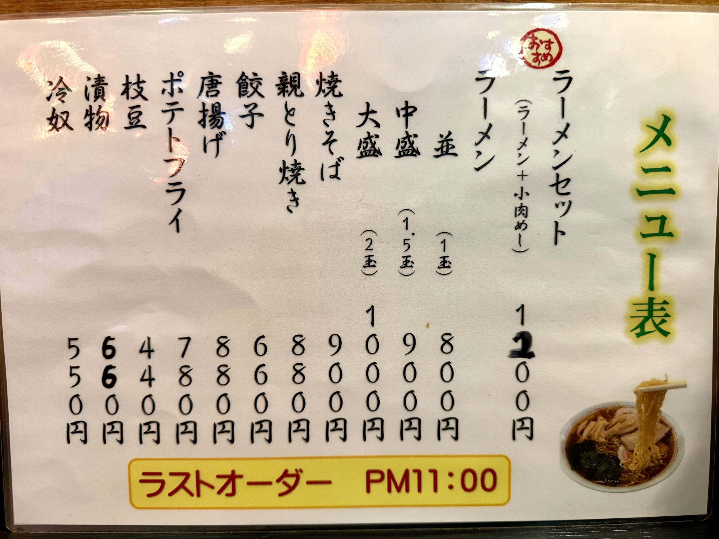 ラーメンメニュー表